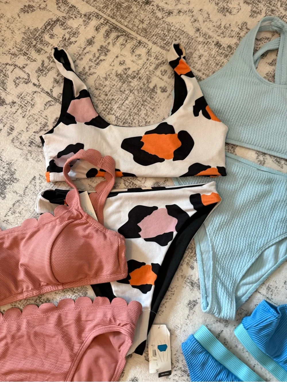 Women's Ribbed Light Blue High-Neck Bikini Set